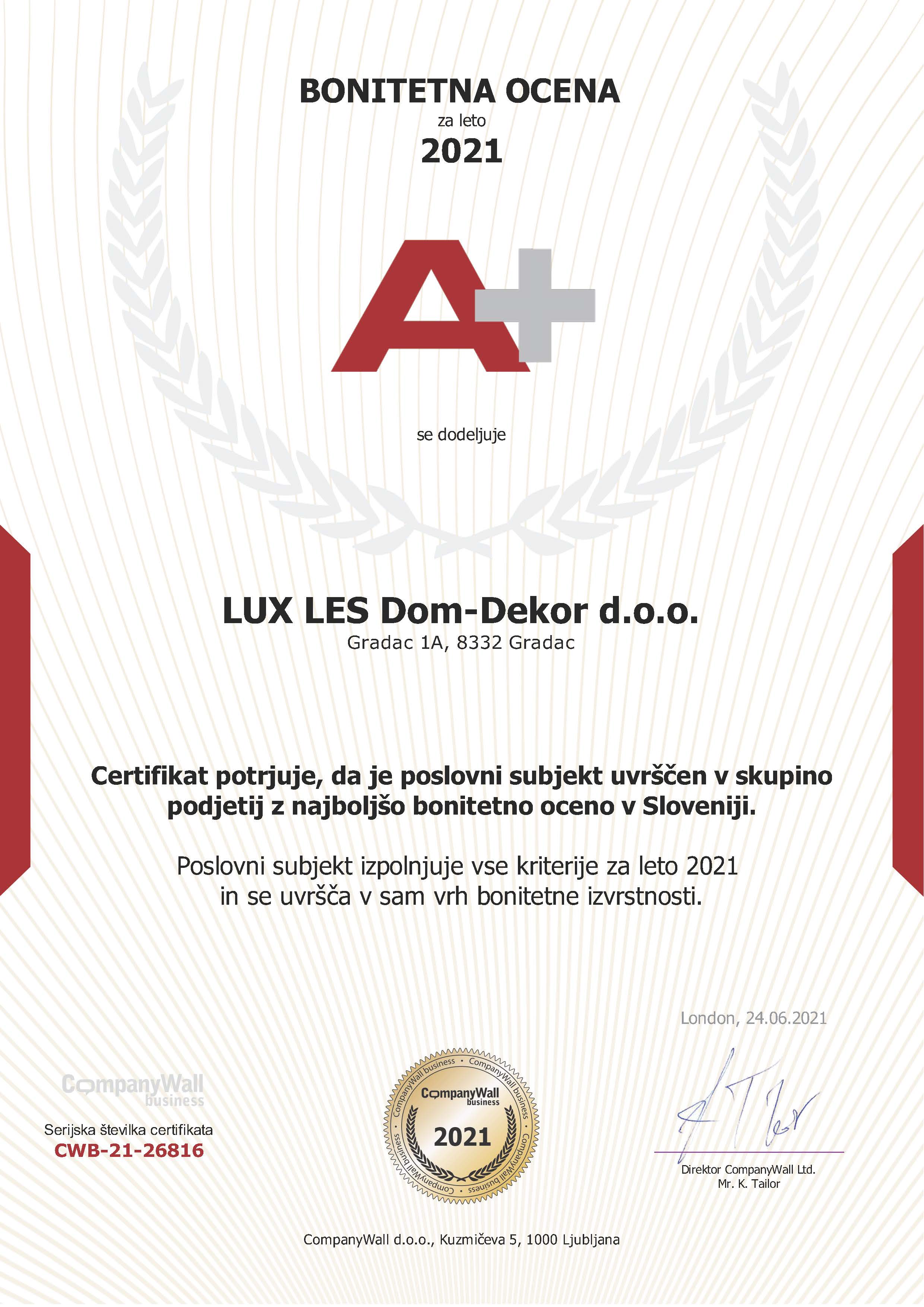 LUX LES Dom-Dekor A+ credit rating